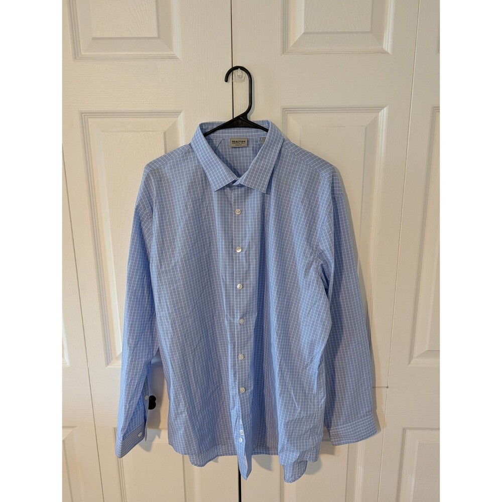 Reaction Kenneth Cole Men's Blue Plaid Check Slim Fit Dress Shirt 17.5 32/33 XL